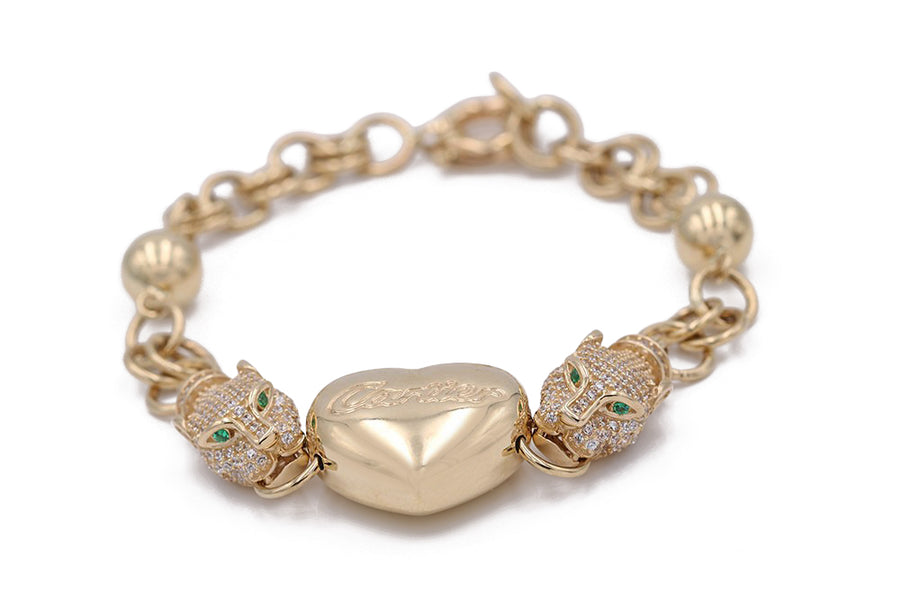 14K Yellow Gold Fancy Link Heart and Panther Bracelet