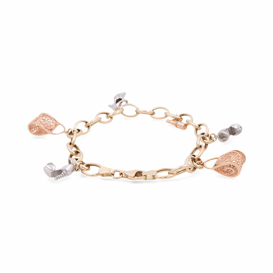 Introducing the Miral Jewelry 14K Yellow Gold Fashion Bracelet, a stunning piece featuring textured chain links and alternating rose gold and silver teapot charms.