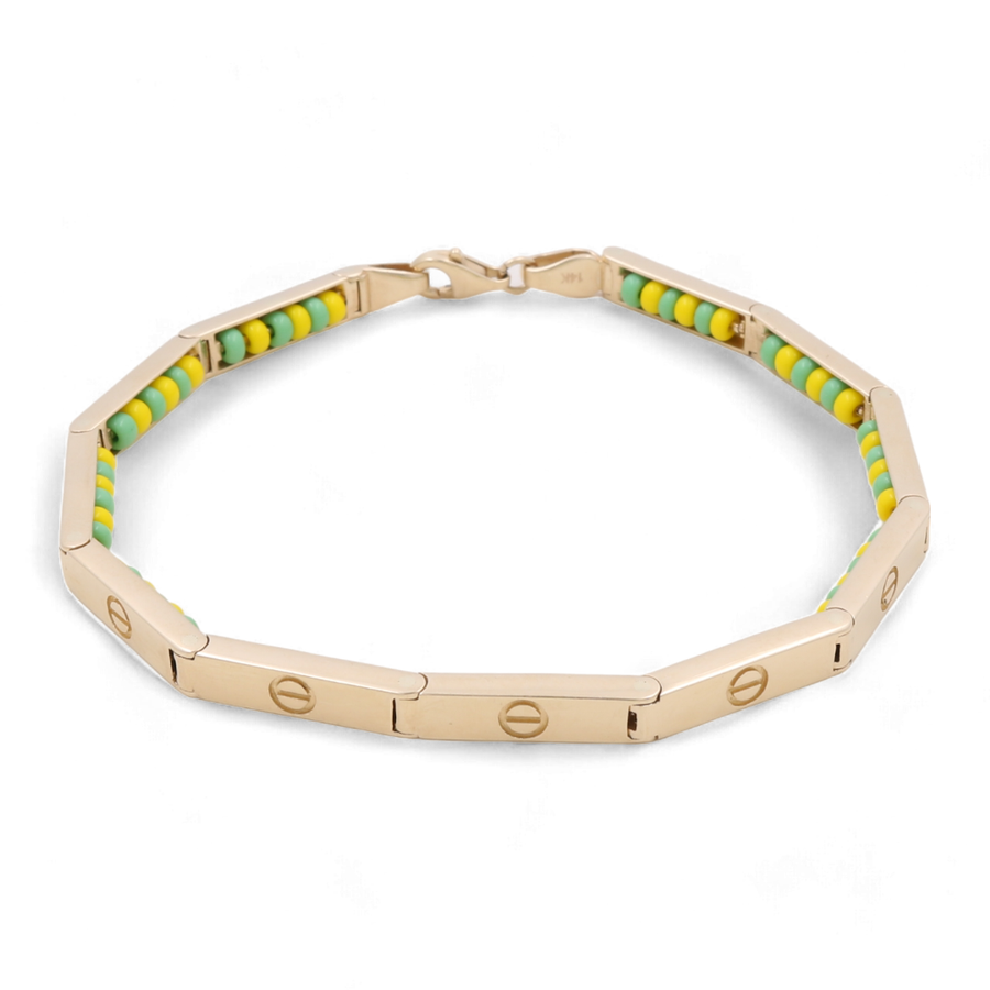 Miral Jewelry's 14K Yellow Gold Religious Beads Links Bracelet features yellow and green beaded accents and flat, rectangular fashion links with screw-like designs, secured by a clasp.