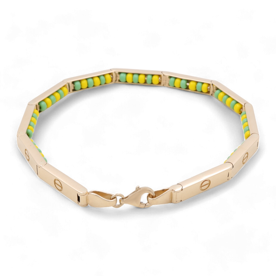 14K Yellow Gold Religious Beads Links Bracelet with a rectangular link chain design, featuring green and yellow beads embedded in the links, and a lobster clasp closure. This fashion links Italian bracelet by Miral Jewelry showcases exquisite Italian craftsmanship.