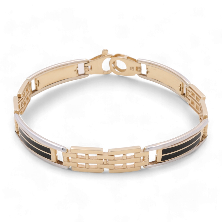 The Miral Jewelry 14K Yellow and White Gold Fashion Links Italian Bracelet features a chain-link design with black accents, cubic zirconias, and a clasp closure.