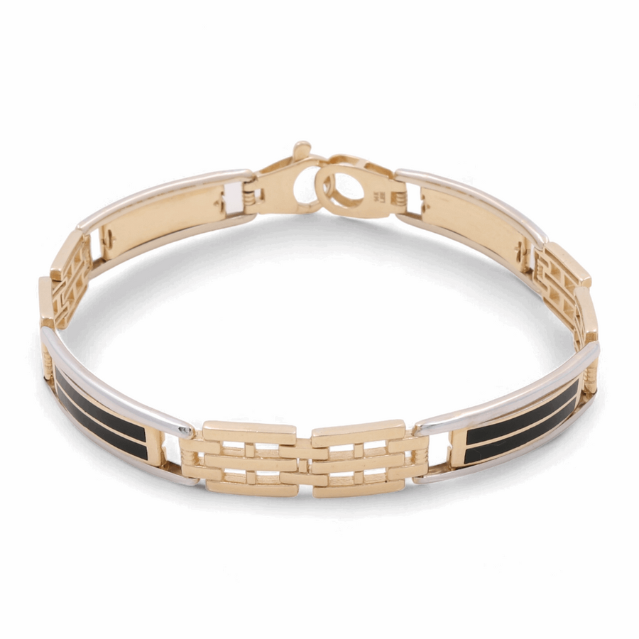 The Miral Jewelry 14K Yellow and White Gold Fashion Links Italian Bracelet features a chain-link design with black accents, cubic zirconias, and a clasp closure.