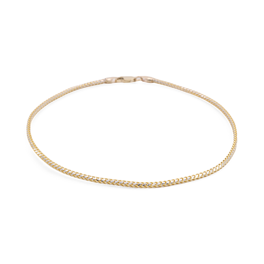 Introducing the 14K Yellow Gold Women's Braided Ankle Bracelet by Miral Jewelry, featuring a delicate, interwoven design and a secure lobster clasp closure.