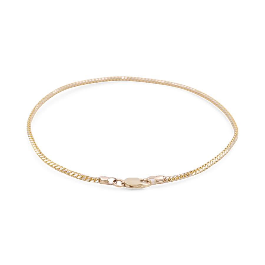 A thin, elegant 14K yellow gold women's braided ankle bracelet by Miral Jewelry, featuring a lobster clasp closure and displayed on a white background.