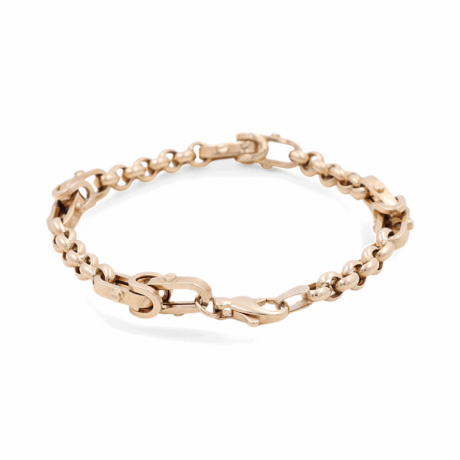 The Miral Jewelry 14K Yellow Gold Fashion Links Bracelet, featuring oval and rectangular links with a clasp closure, is displayed on a white background.