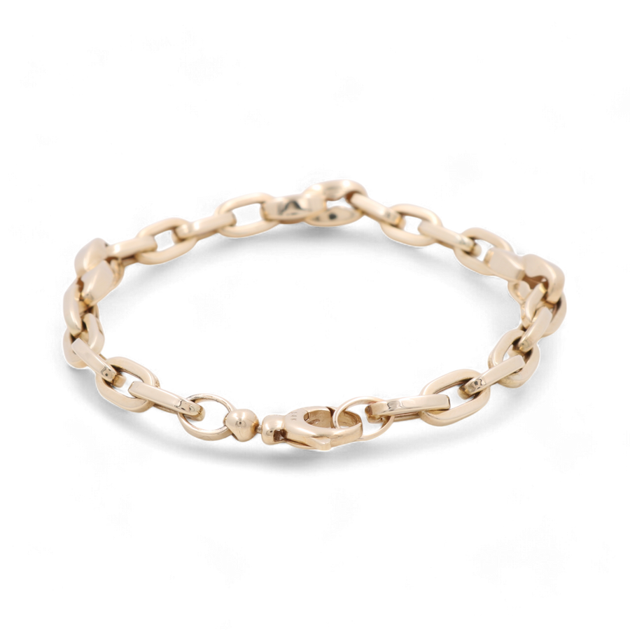 The Miral Jewelry 14K Yellow Gold Fashion Links Bracelet, featuring large interlocking links and a lobster clasp, offers a sophisticated look.