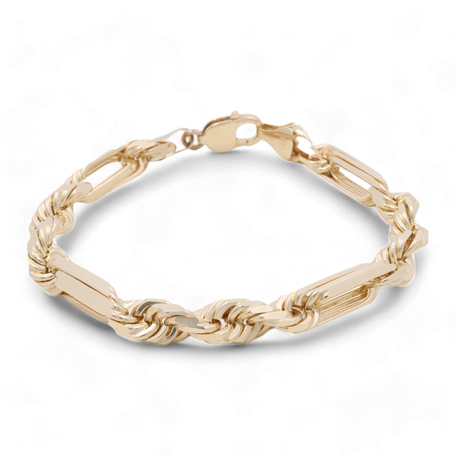 A 14K Yellow Gold Fashion Rope Links Bracelet by Miral Jewelry, featuring elongated and twisted rectangular links with a lobster clasp—an elegant piece of jewelry to elevate any outfit.