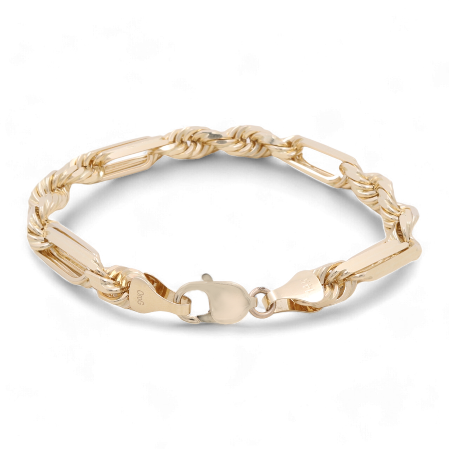 The 14K Yellow Gold Fashion Rope Links Bracelet by Miral Jewelry is crafted from 14K yellow gold, featuring a combination of twisted and rectangular links with a lobster clasp. This piece of elegant jewelry is perfect for any occasion.