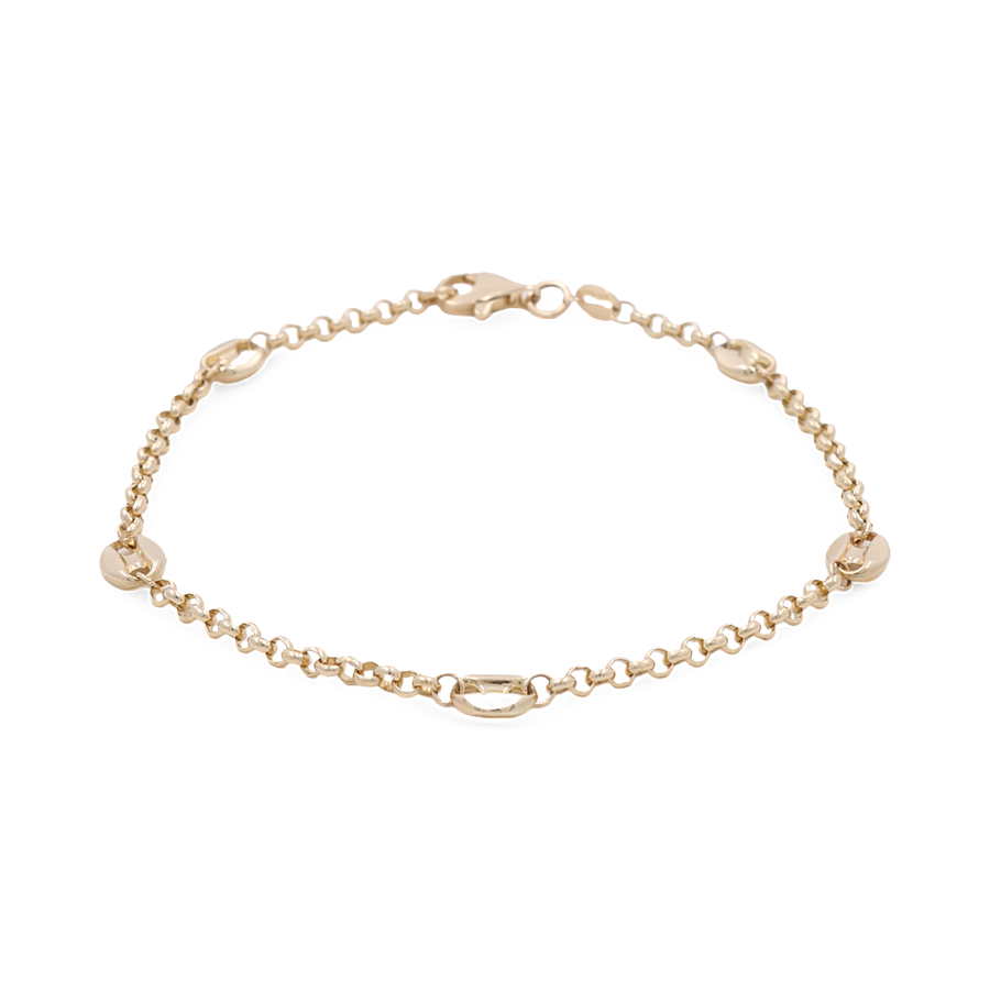 Discover sophistication with the Miral Jewelry 14K Yellow Gold Women's Bracelet with Fashion Link. This elegant accessory features a gold chain bracelet adorned with small circular charms and a lobster clasp closure, all set against a pristine white background. Made from exquisite 14K yellow gold, this piece is perfect for elevating any outfit.