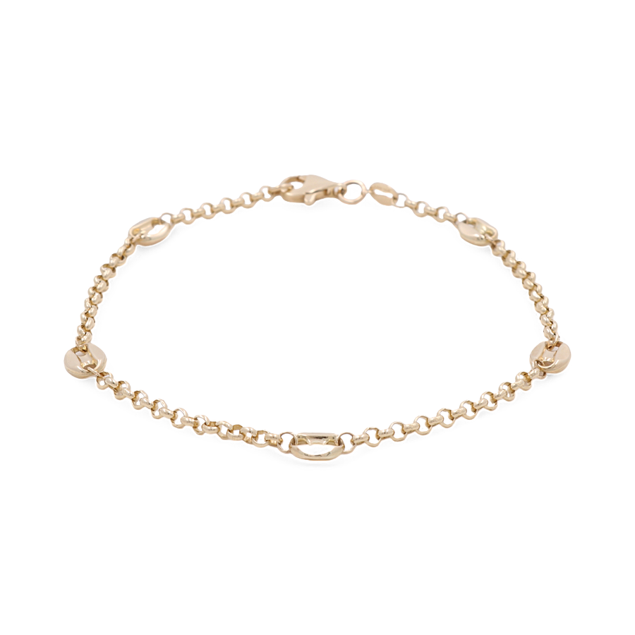 Miral Jewelry's 14K Yellow Gold Women's Bracelet with Fashion Link showcases a gold chain adorned with round links and small circular charms, completed with a lobster clasp closure.