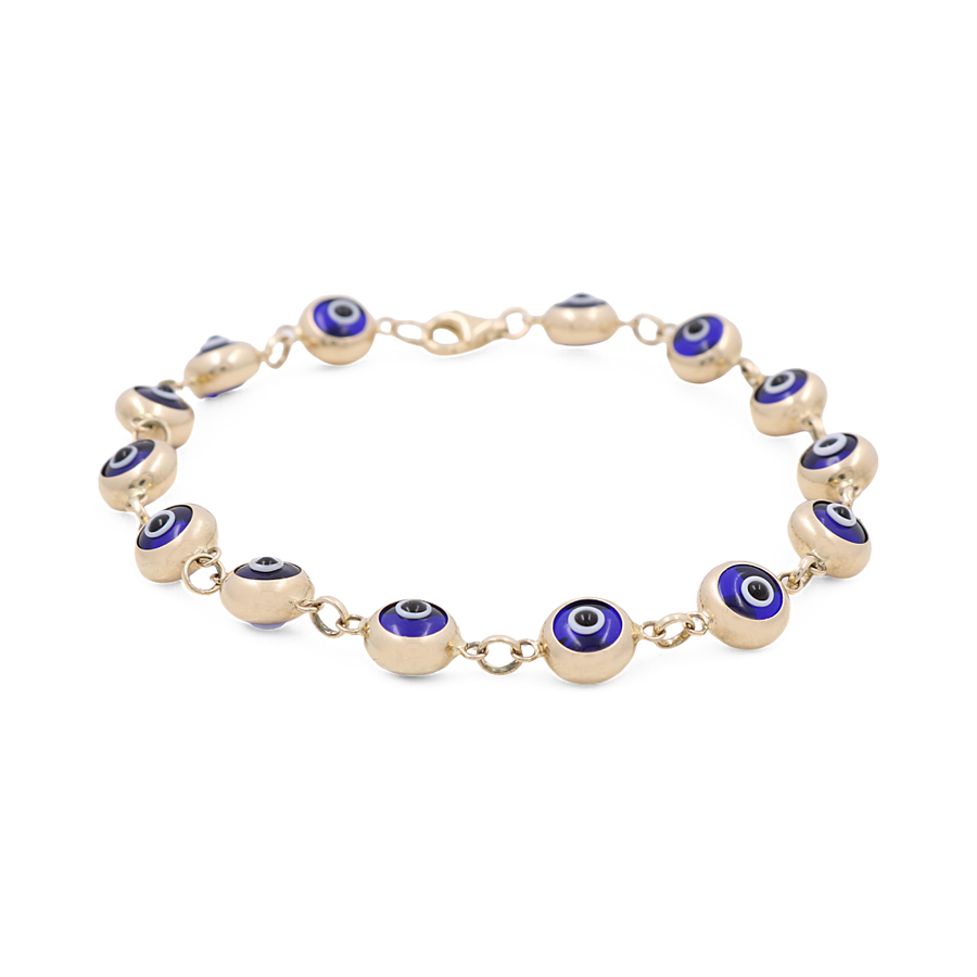 Introducing the 14K Yellow Gold Fashion Evil Eyes Beads Bracelet from Miral Jewelry, a captivating piece adorned with blue and white eye-shaped beads linked together. This enchanting bracelet features a lobster clasp and makes a stylish fashion accessory.