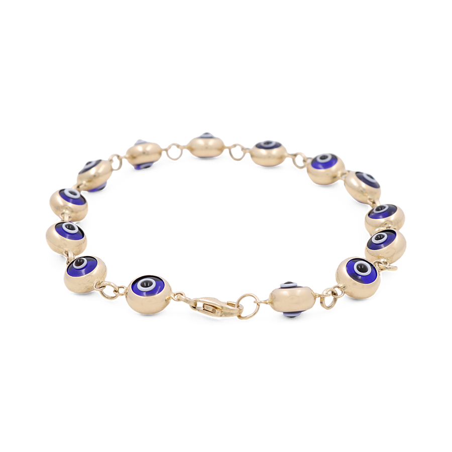 The 14K Yellow Gold Fashion Evil Eyes Beads Bracelet by Miral Jewelry is a stunning accessory featuring round blue and white evil eye beads, seamlessly arranged in a continuous loop. This elegant bracelet not only enhances your style but also serves as a protective charm.