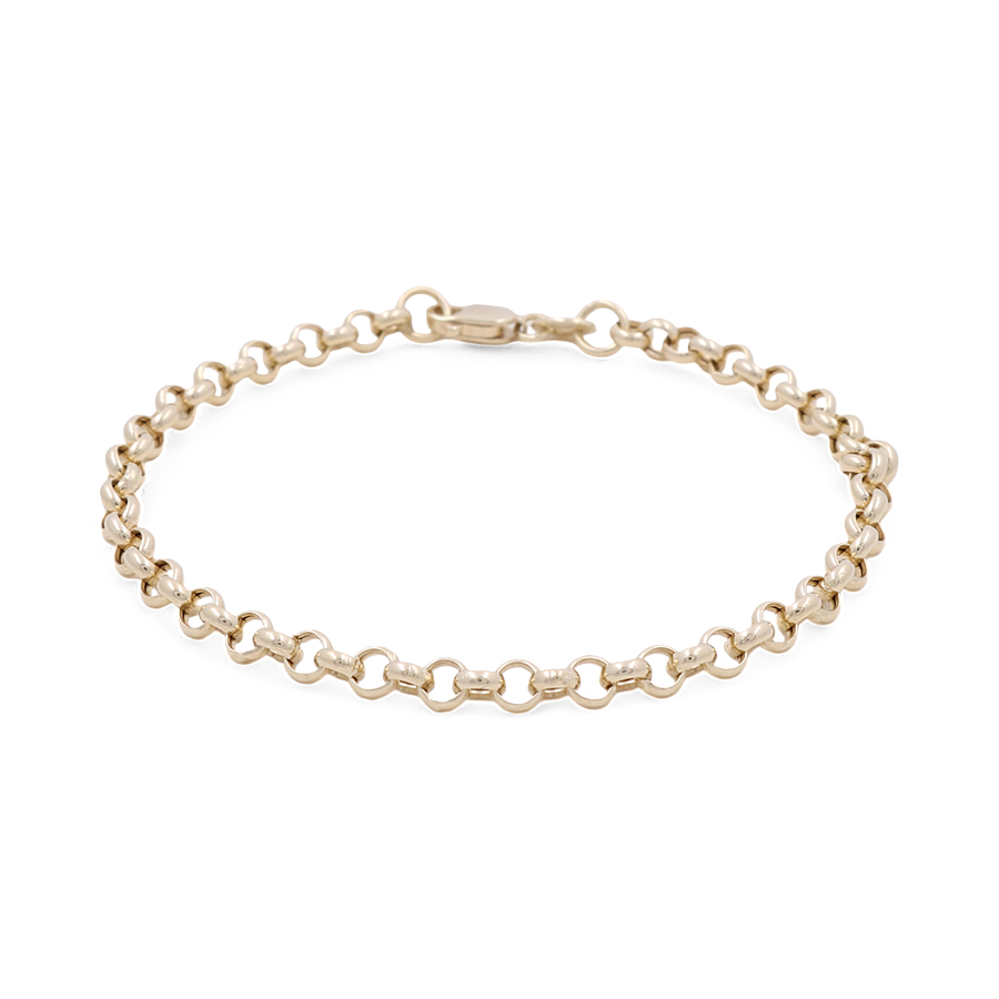 An elegant 14K Yellow Gold Women's Fashion Link Bracelet by Miral Jewelry featuring interlocking fashion links and a secure lobster clasp closure.