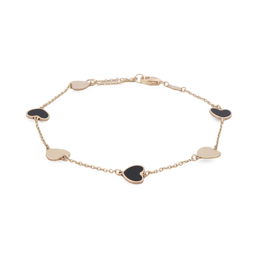 S's 14K Yellow Gold Fashion Hearts Women's Onyx and Gold Bracelet, featuring alternating black and gold heart-shaped charms and a lobster clasp.