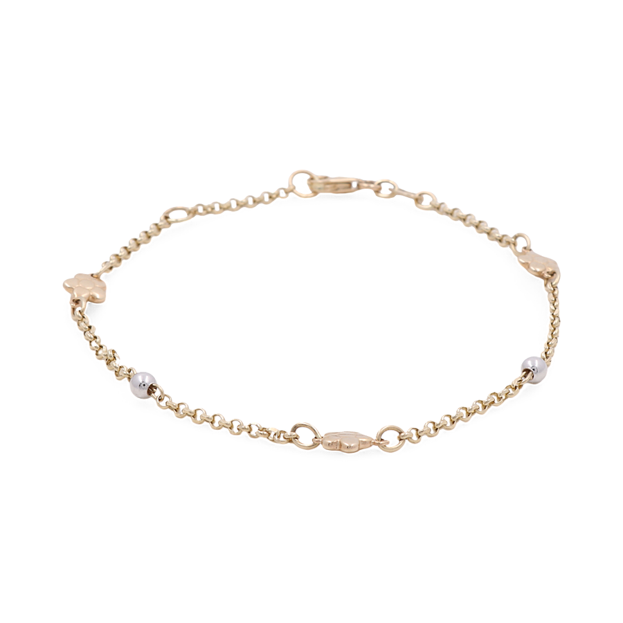 The Two Tone White and Yellow Gold 14k Flowers Women's Bracelet by Miral Jewelry showcases a delicate design with small metal beads, a secure lobster clasp, and intricate cubic zirconia accents.