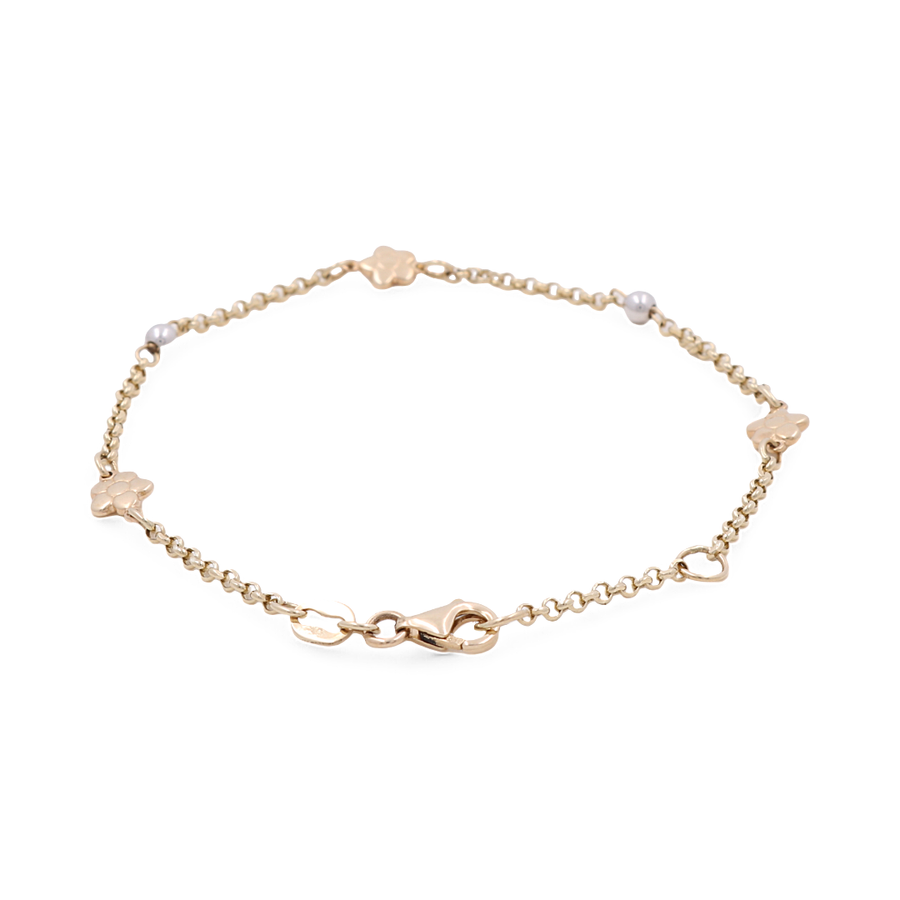 Introducing the Miral Jewelry "Two Tone White and Yellow Gold 14k Flowers Women's Bracelet" – a stunning gold bracelet with a sophisticated chain link design, featuring delicate clover-shaped charms embellished with CZ stones and a secure lobster clasp closure.