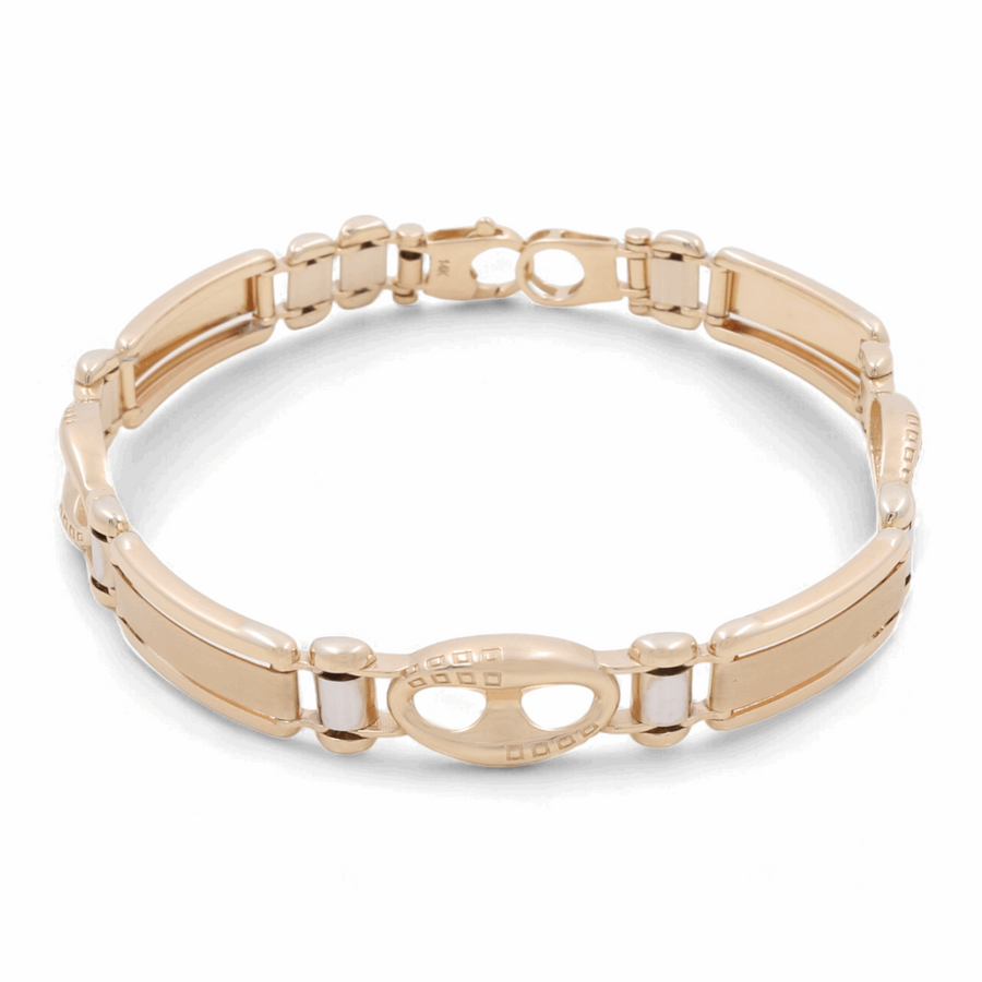 Introducing the **14K Yellow Gold Fashion Italian Link Bracelet** by **Miral Jewelry**: A 14K yellow gold bracelet with a polished finish and an Italian link design, featuring a sleek oval-shaped name tag.