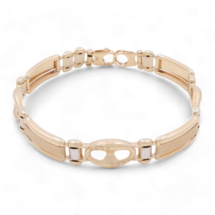 Introducing the **14K Yellow Gold Fashion Italian Link Bracelet** by **Miral Jewelry**: A 14K yellow gold bracelet with a polished finish and an Italian link design, featuring a sleek oval-shaped name tag.