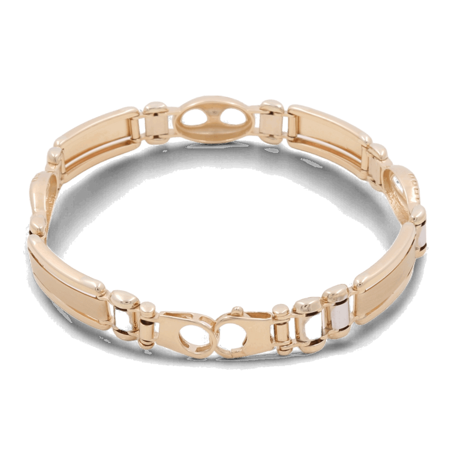 A 14K yellow gold bracelet featuring elongated links connected by smaller circular links, creating a pattern of alternating shapes. The Miral Jewelry 14K Yellow Gold Fashion Italian Link Bracelet elegantly combines classic design with a touch of sophistication.