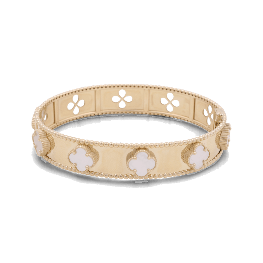 The 14K Yellow Gold Fashion Flower Women's Mother of Pearl Bracelet by Miral Jewelry showcases floral and beaded designs with mother of pearl accents and cut-out flower shapes along the band.