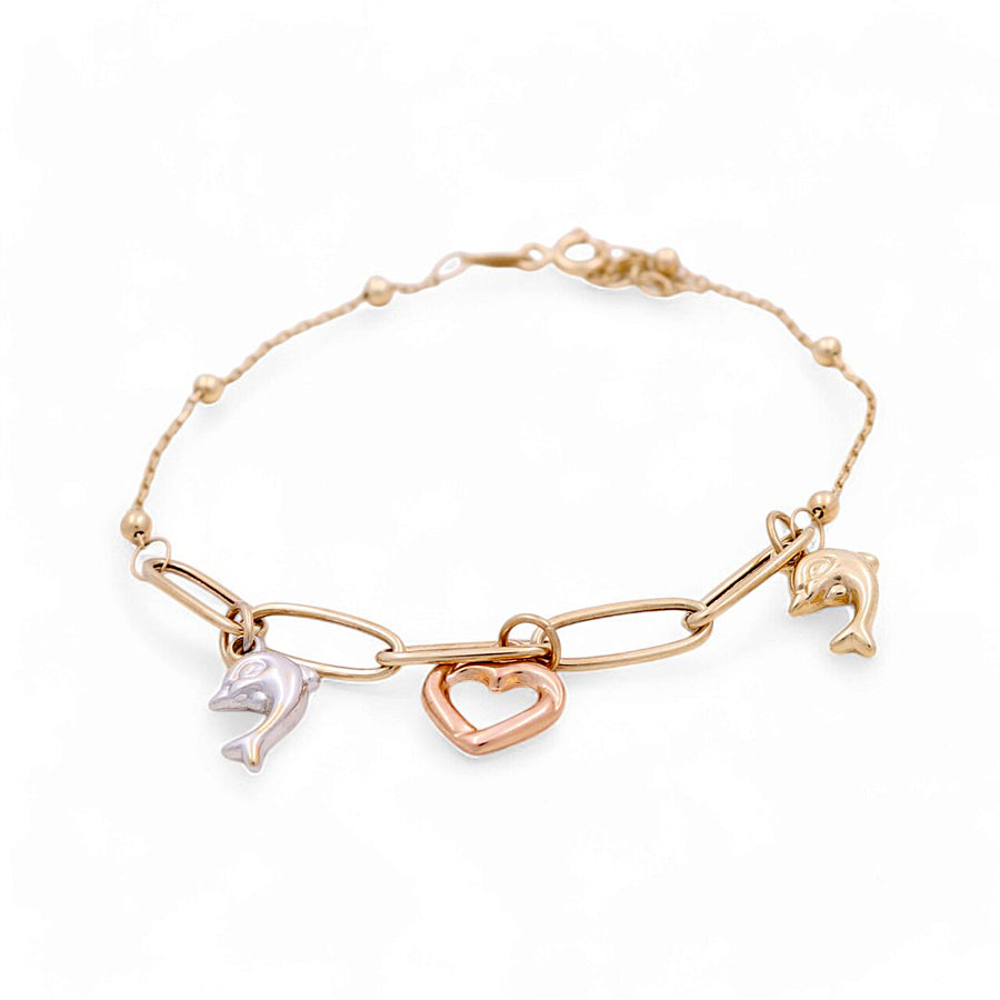 14K Gold Fashion Bracelet with Dolphins and Heart