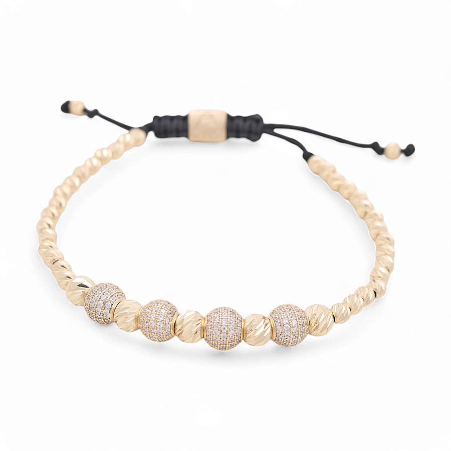 14K Men's Yellow Gold Ajustable Beads with Cz Bracelet