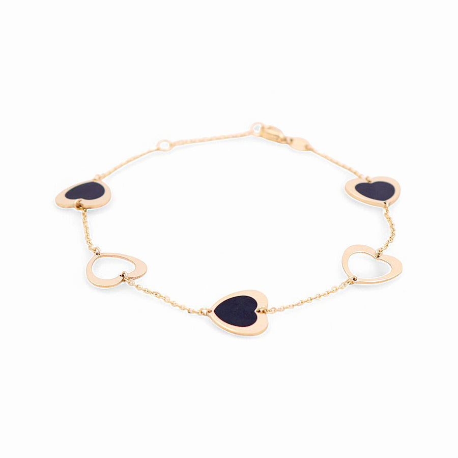 14K Yellow Gold Black Hearts  Bracelet