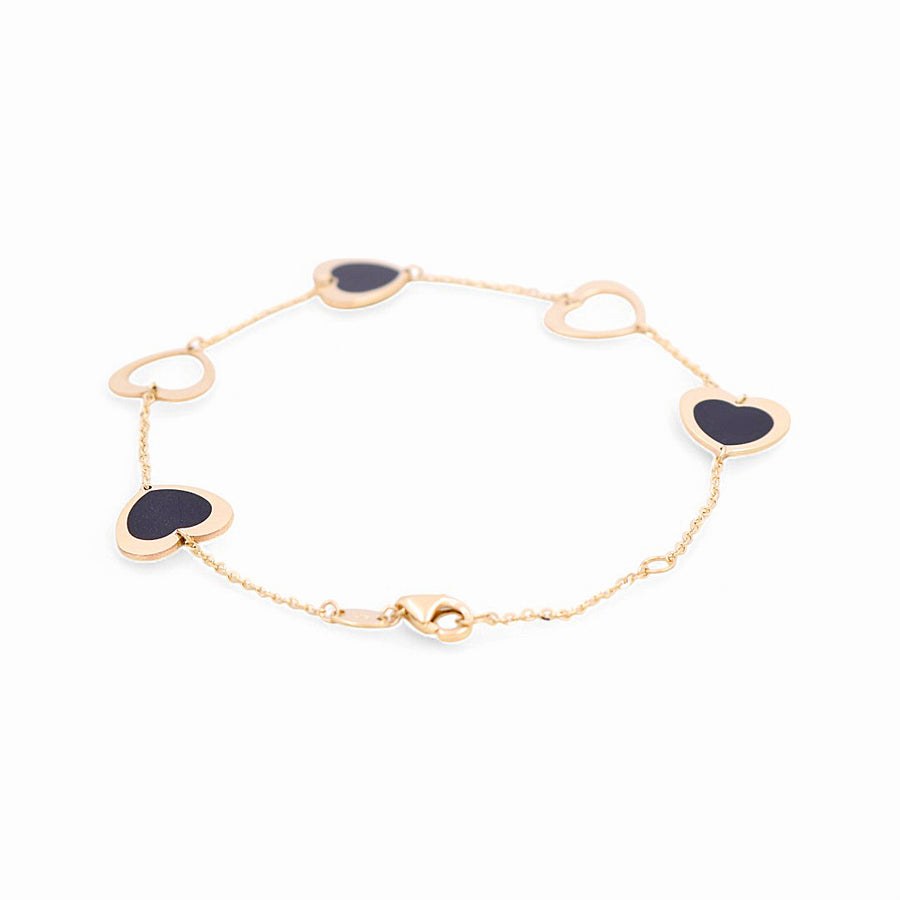 14K Yellow Gold Black Hearts  Bracelet