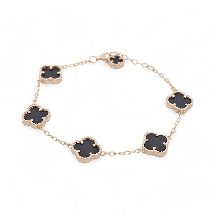 14K Yellow Gold Fashion Flower Women's Black Stones Bracelet