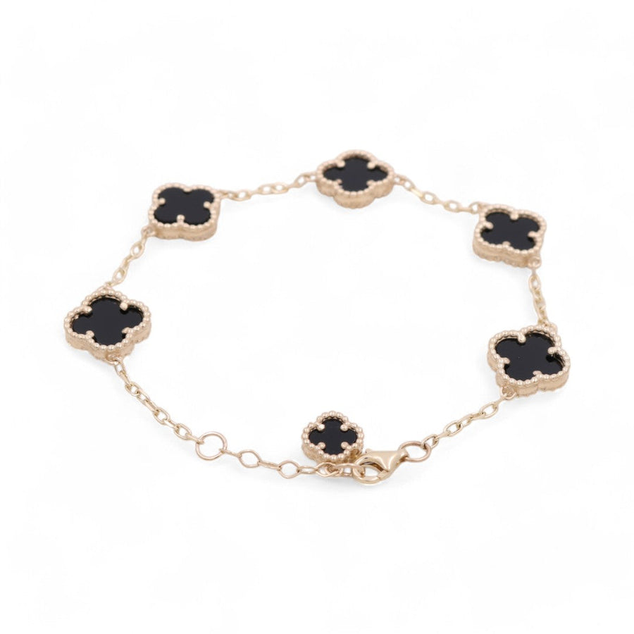 14K Yellow Gold Fashion Flower Women's Black Stones Bracelet