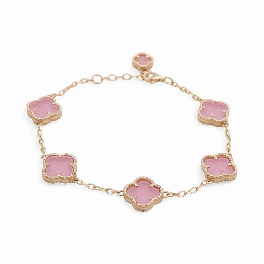 14K Yellow Gold Fashion Flower Women's Pink Stones Bracelet