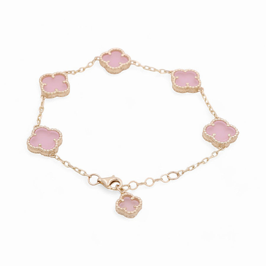 14K Yellow Gold Fashion Flower Women's Pink Stones Bracelet