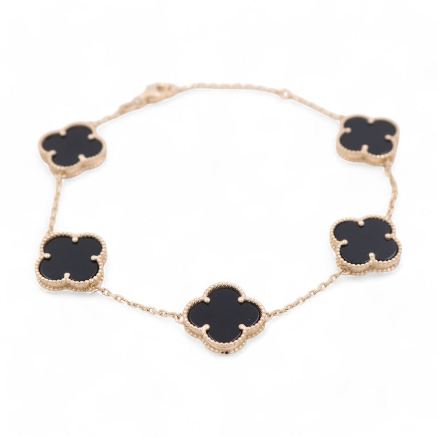 10K Yellow Gold Fashion Flower Women's Black Stones Bracelet