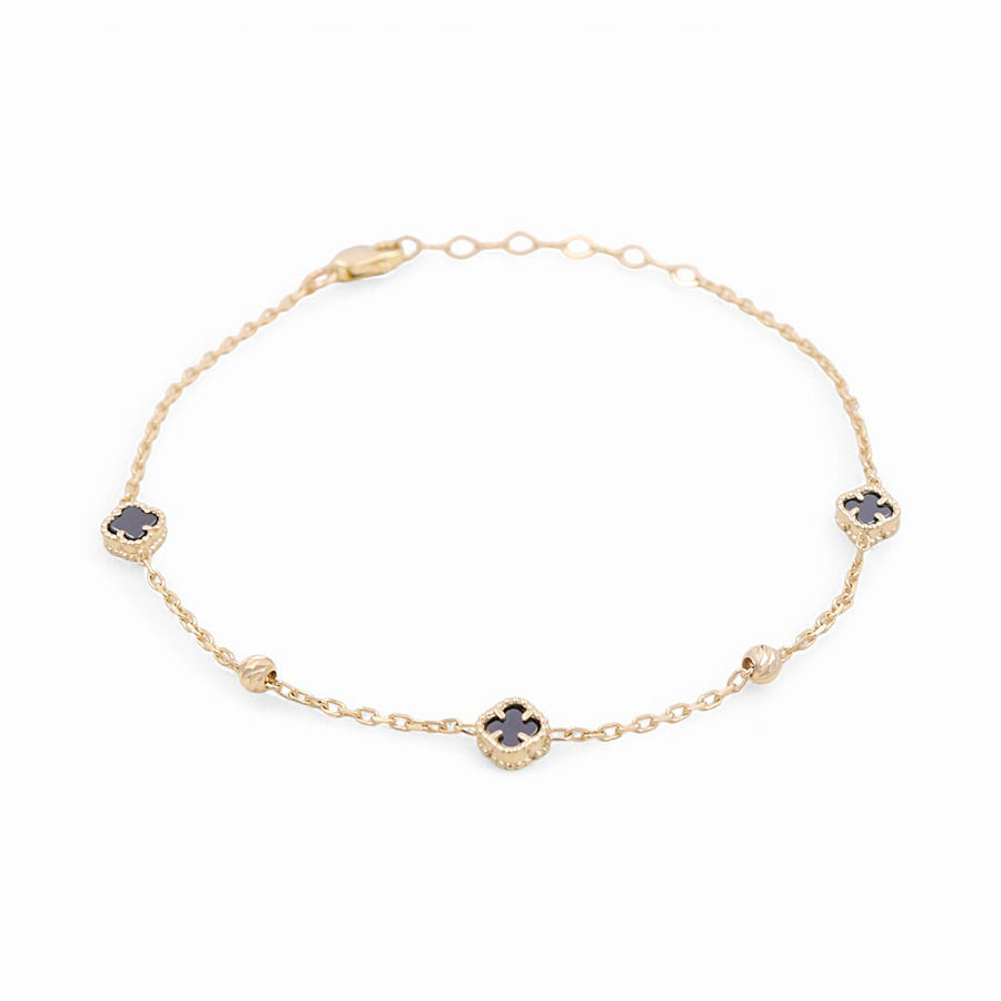 14K Yellow Gold Small Black Clover  Bracelet