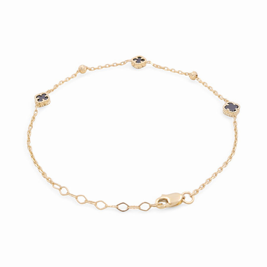 14K Yellow Gold Small Black Clover  Bracelet