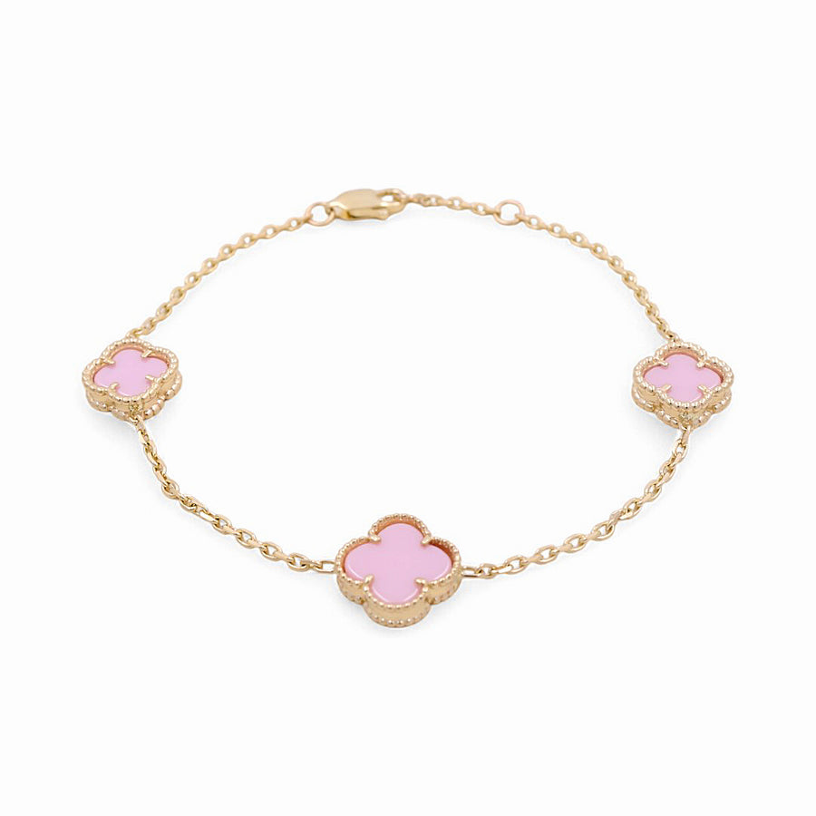 14K Yellow Gold 3 Pink Clover Women's  Bracelet