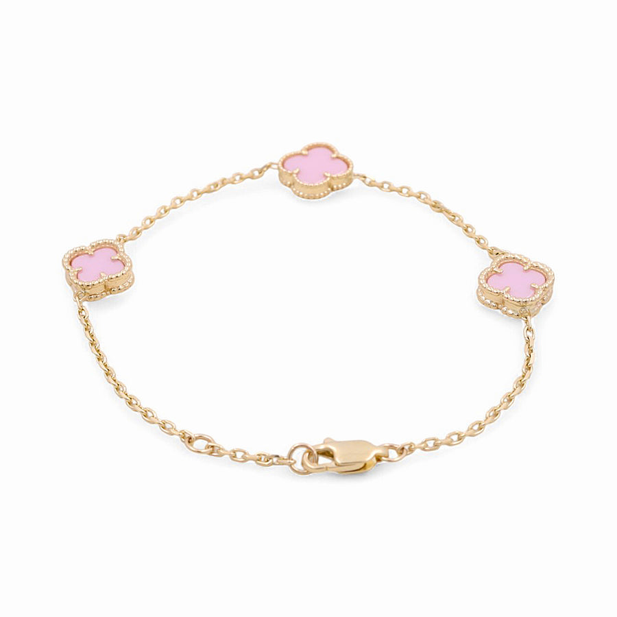 14K Yellow Gold 3 Pink Clover Women's  Bracelet