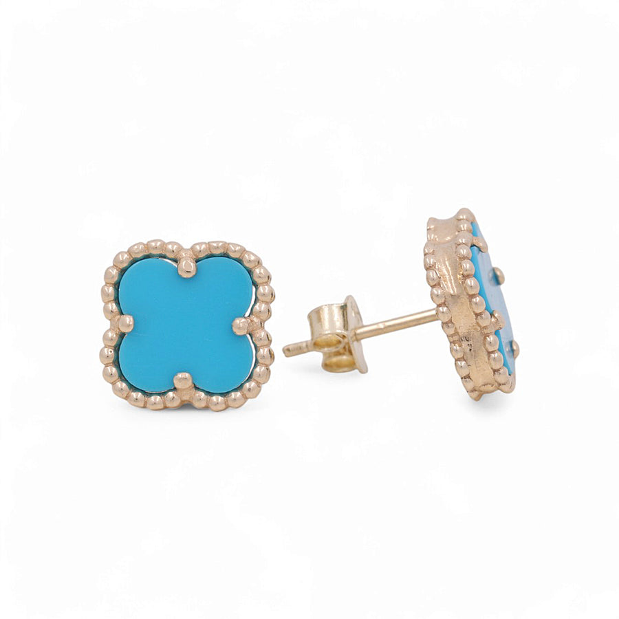 14K Yellow Gold Fashion Flower Women's Blue Stones Earrings