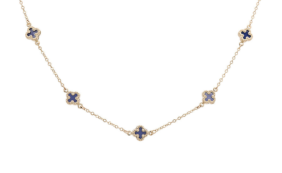 10K Yellow Gold Fashion 13 Blue Flowers Women's Necklace