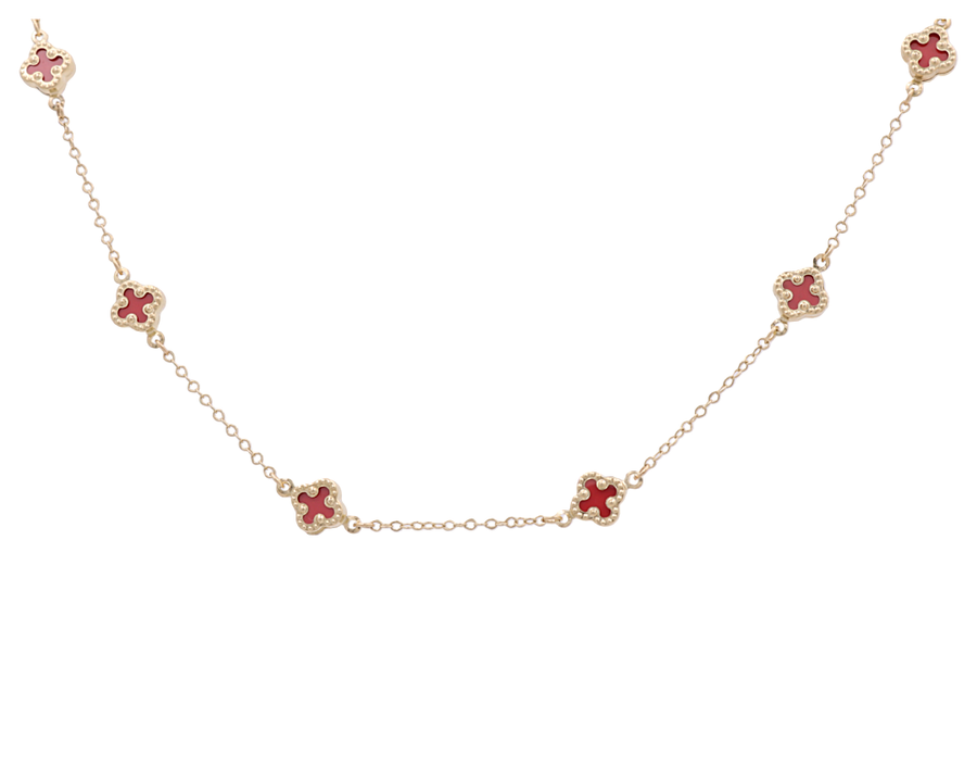 10K Yellow Gold Fashion 13 Red Flowers Women's Necklace