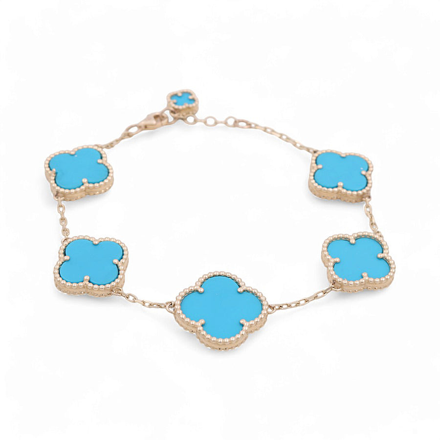 14K Yellow Gold Fashion Flower Women's Blue Stones Bracelet