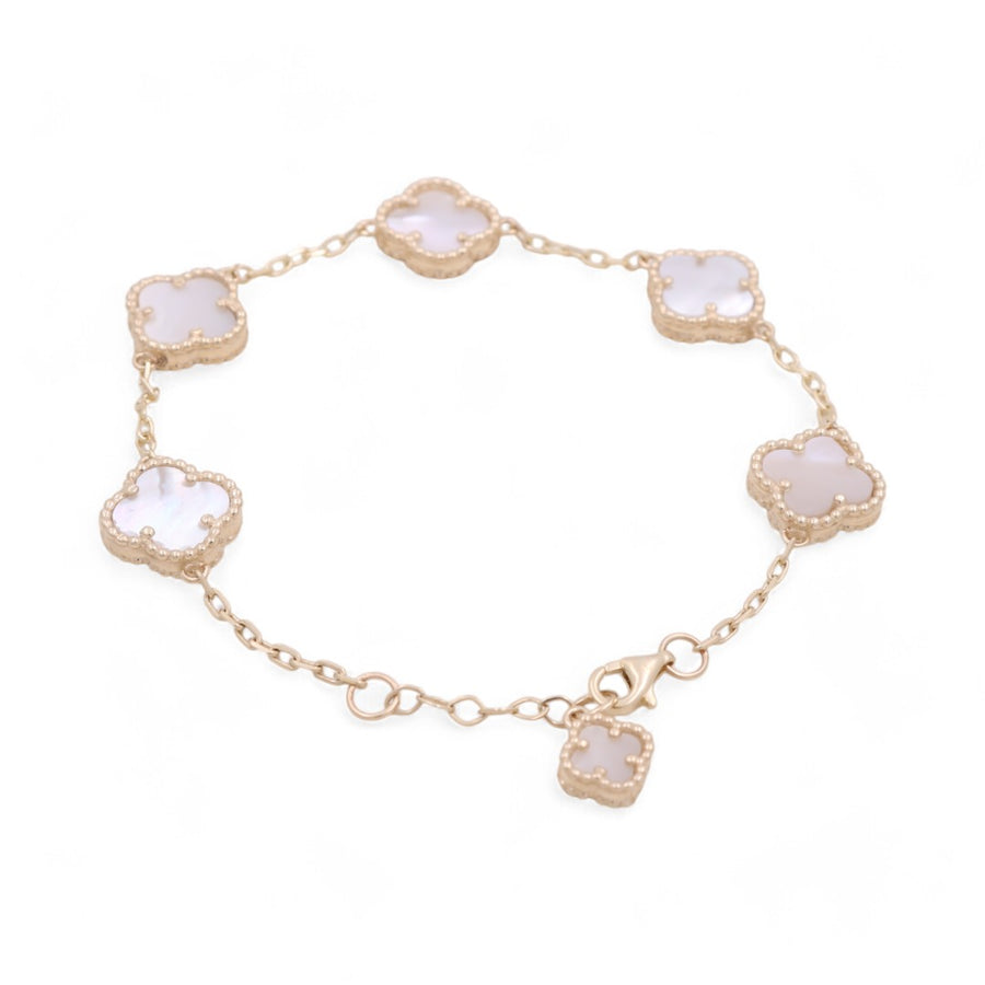 14K Yellow Gold Fashion Flower Women's White Stones Bracelet