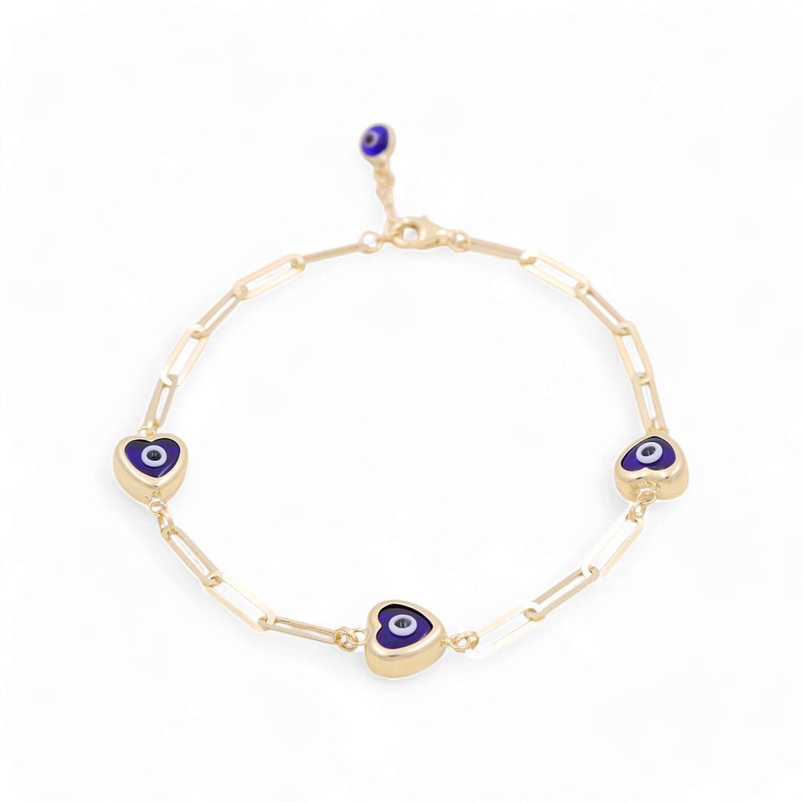 14K Yellow Gold Paper Clip Heart Blue Eye Bracelet