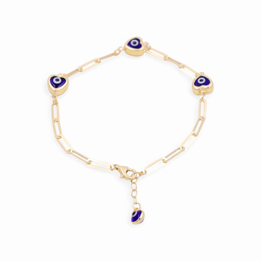 14K Yellow Gold Paper Clip Heart Blue Eye Bracelet