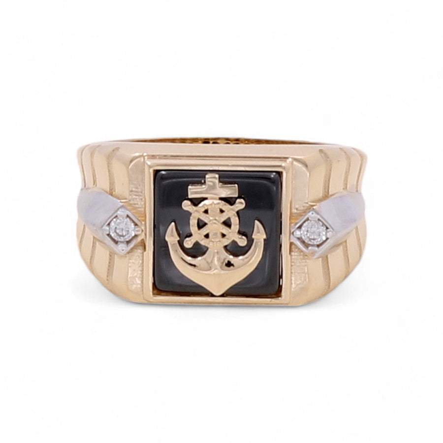 Miral Jewelry 14K Yellow and White Gold Men's Anchor Ring, featuring a black square centerpiece with an anchor design, flanked by two small cubic zirconias.