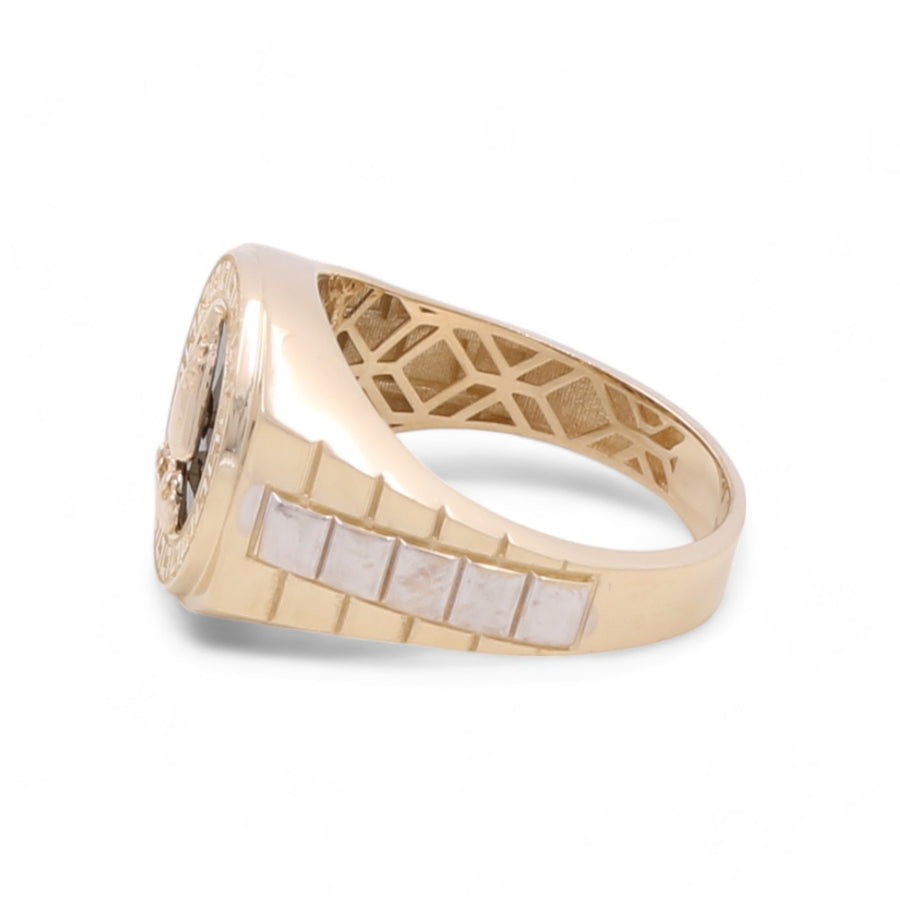 A luxury men's ring, the 14K Yellow and White Gold Men's Santa Barbara Ring by Miral Jewelry boasts an intricately carved band and rectangular detailing on one side.