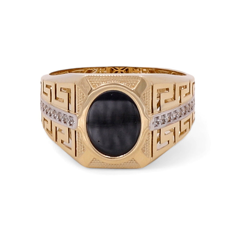 The Miral Jewelry 14K Yellow Gold Men Ring with Onyx Stone and Cubic Zirconias features a black onyx stone at the center, with intricate geometric designs and small cubic zirconias on both sides.