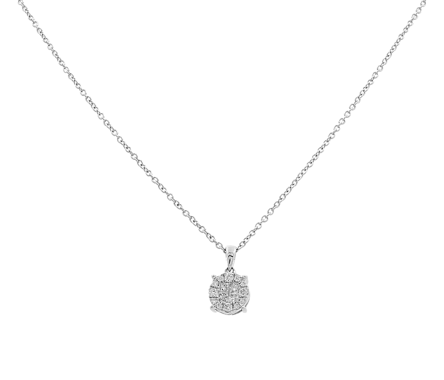 Miral Jewelry's 14K White Women's Zirconia Pendant with Necklace features a small, round, multi-stone pendant in a cluster design at the center, reminiscent of a 14K Yellow Gold Pendant. The chain is delicate and thin.