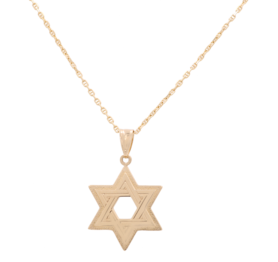 The 14K Yellow Gold Women's Star of David Pendant with Necklace by Miral Jewelry boasts a finely detailed Star of David pendant, elegantly suspended from a delicate, articulated chain.