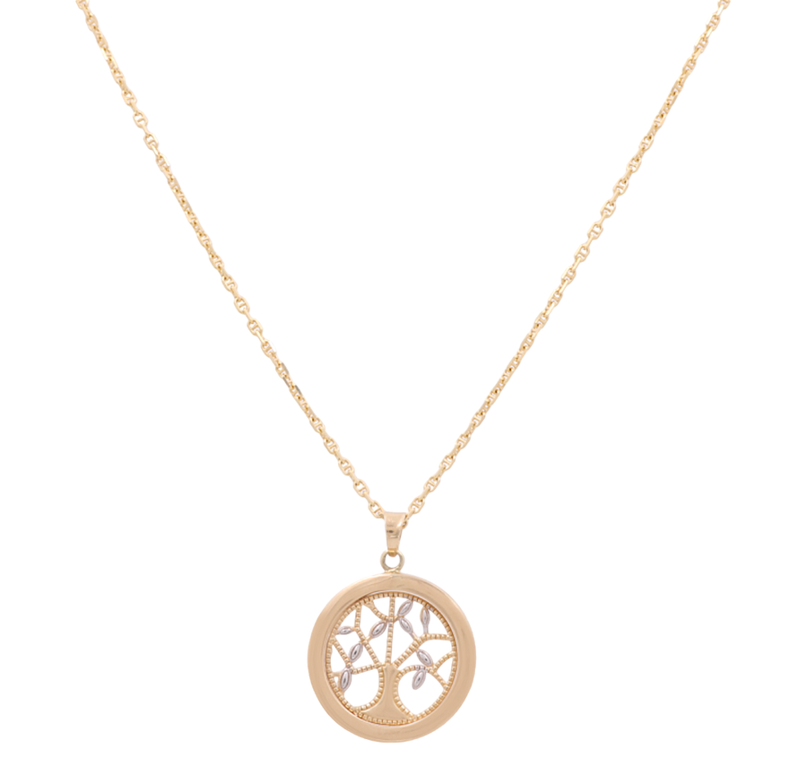 Miral Jewelry introduces the 14K Yellow Gold Women's Zirconia Tree Pendant with Necklace, a stunning piece featuring an intricate zirconia tree pendant encased in a circular 14K yellow gold frame, elegantly suspended from a delicate gold chain.